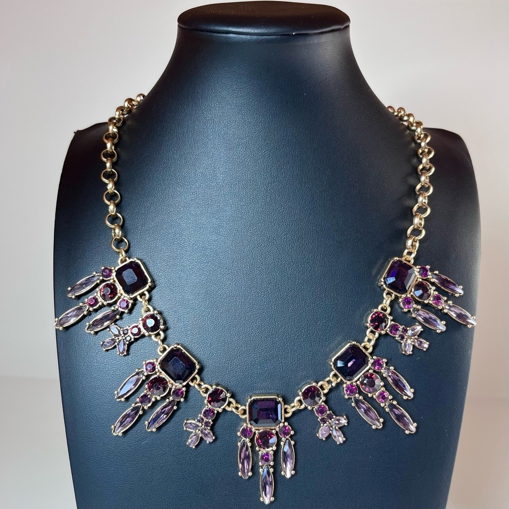 IMAN Elegant Glass Crystal Art Deco Purple / Gold Statement Necklace